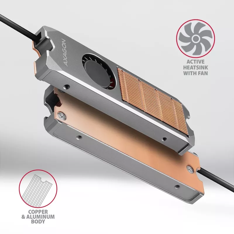 Axagon CLR-M2FAN vasest jahutusradiaator koos ventilaatoriga ühe- ja kahepoolsetele M.2 SSD-ketastele, suurus 2280, kõrgus 13 mm.