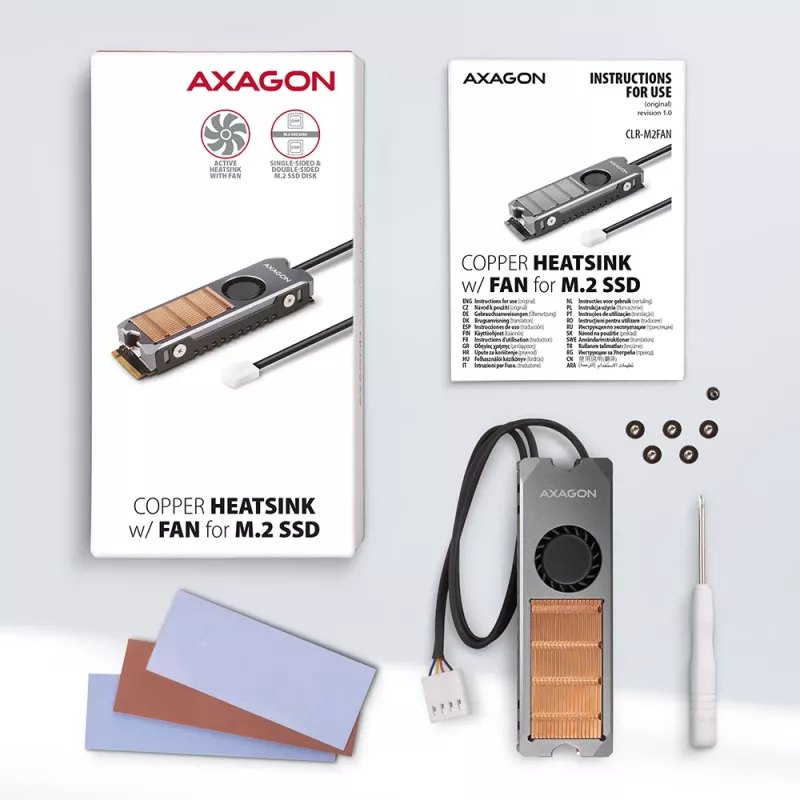 Axagon CLR-M2FAN vasest jahutusradiaator koos ventilaatoriga ühe- ja kahepoolsetele M.2 SSD-ketastele, suurus 2280, kõrgus 13 mm.
