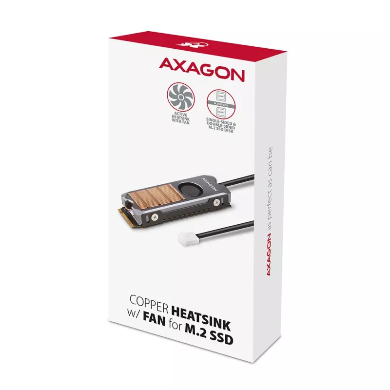 Axagon CLR-M2FAN vasest jahutusradiaator koos ventilaatoriga ühe- ja kahepoolsetele M.2 SSD-ketastele, suurus 2280, kõrgus 13 mm.