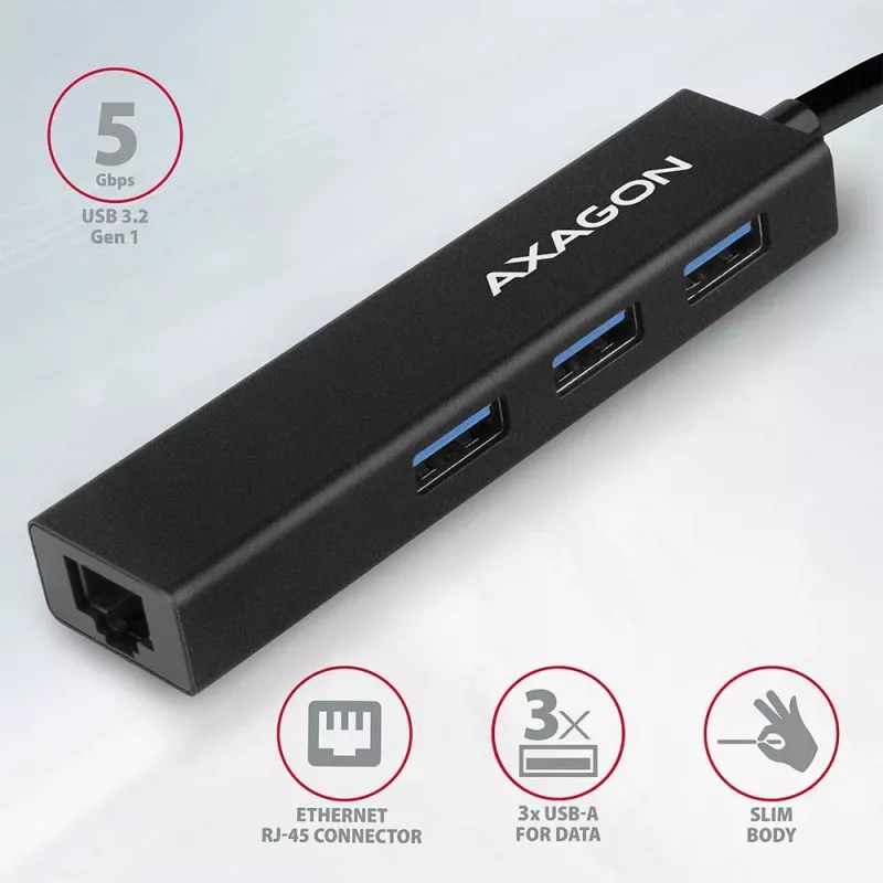 Axagon HMA-GL3A Multiport-Hub USB 3.0 Tüüp A Gbit-LAN 3x USB-A microSD Juhtmega USB 3.2 Gen 1 (3.1 Gen 1) Type-A Must