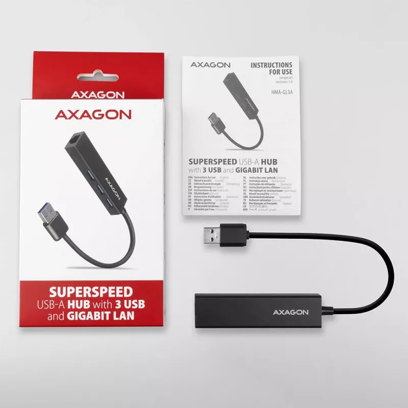 Axagon HMA-GL3A Multiport-Hub USB 3.0 Tüüp A Gbit-LAN 3x USB-A microSD Juhtmega USB 3.2 Gen 1 (3.1 Gen 1) Type-A Must