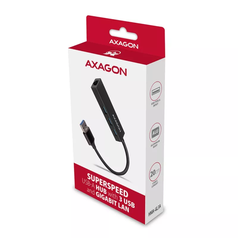 Axagon HMA-GL3A Multiport-Hub USB 3.0 Tüüp A Gbit-LAN 3x USB-A microSD Juhtmega USB 3.2 Gen 1 (3.1 Gen 1) Type-A Must