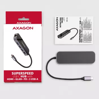 Axagon HMC-6GL USB 3.2 Gen 1 jaotur, 3x USB-A, HDMI 4k/30Hz, RJ-45, PD 100W, 20 cm USB-C kaabel