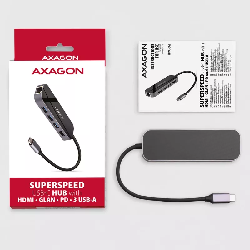 Axagon HMC-6GL USB 3.2 Gen 1 jaotur, 3x USB-A, HDMI 4k/30Hz, RJ-45, PD 100W, 20 cm USB-C kaabel