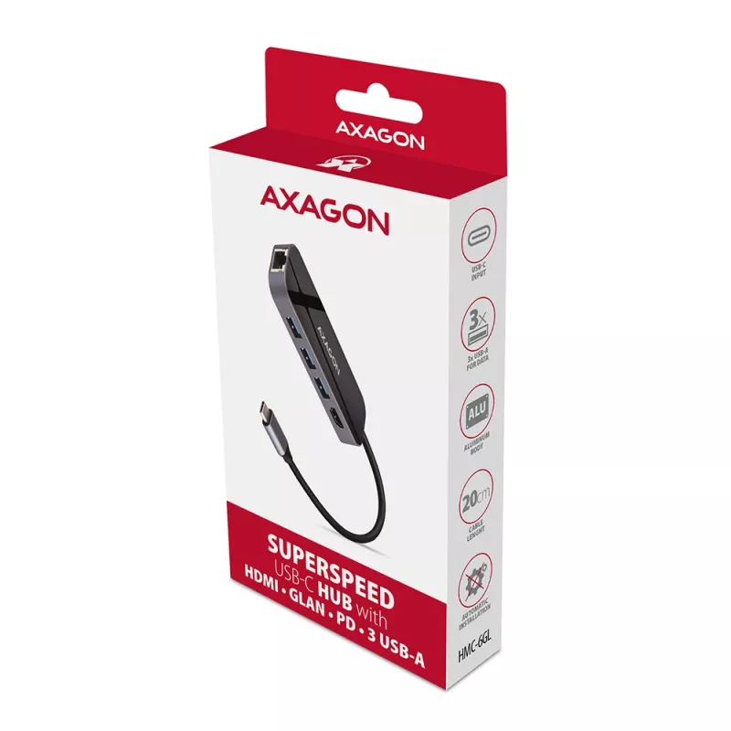 Axagon HMC-6GL USB 3.2 Gen 1 jaotur, 3x USB-A, HDMI 4k/30Hz, RJ-45, PD 100W, 20 cm USB-C kaabel