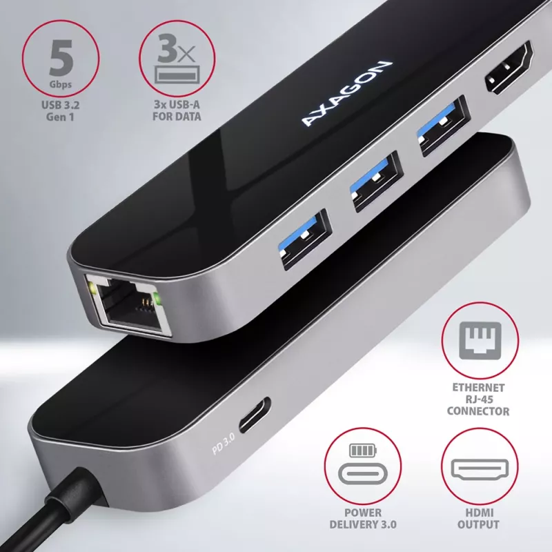 Axagon HMC-6GL USB 3.2 Gen 1 jaotur, 3x USB-A, HDMI 4k/30Hz, RJ-45, PD 100W, 20 cm USB-C kaabel