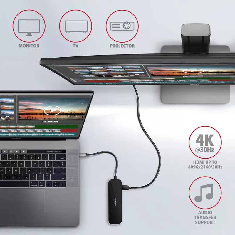 Axagon HMC-6GL USB 3.2 Gen 1 jaotur, 3x USB-A, HDMI 4k/30Hz, RJ-45, PD 100W, 20 cm USB-C kaabel