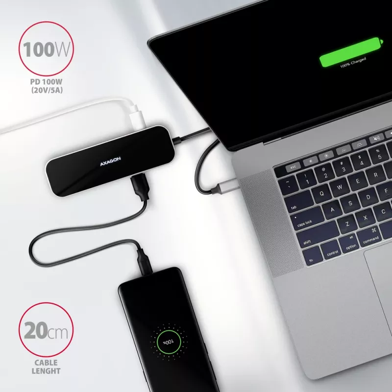 Axagon HMC-6GL USB 3.2 Gen 1 jaotur, 3x USB-A, HDMI 4k/30Hz, RJ-45, PD 100W, 20 cm USB-C kaabel