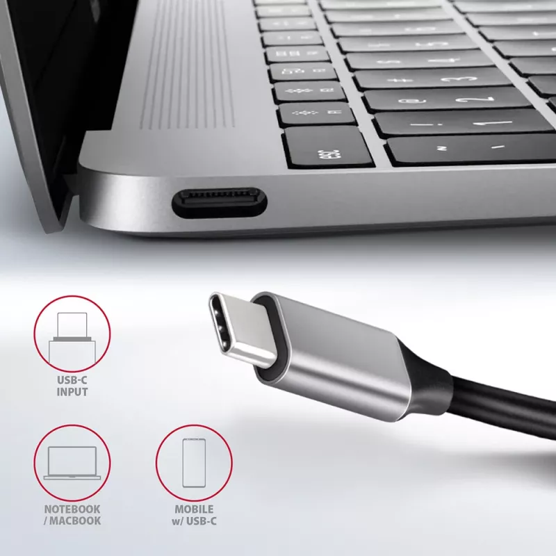 Axagon HMC-6GL USB 3.2 Gen 1 jaotur, 3x USB-A, HDMI 4k/30Hz, RJ-45, PD 100W, 20 cm USB-C kaabel