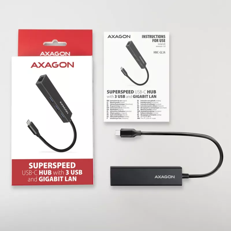 USB-C jaotur Axagon HMC-GL3A 3x USB-A Gbit-LAN Must