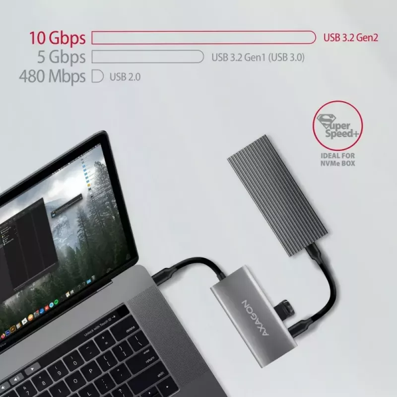 AXAGON HMC-4G2, USB-C 3.2 Gen 2 10 Gb/s jaotur, pordid 2x USB-A + 2x USB-C, kaabel USB-C 13 cm
