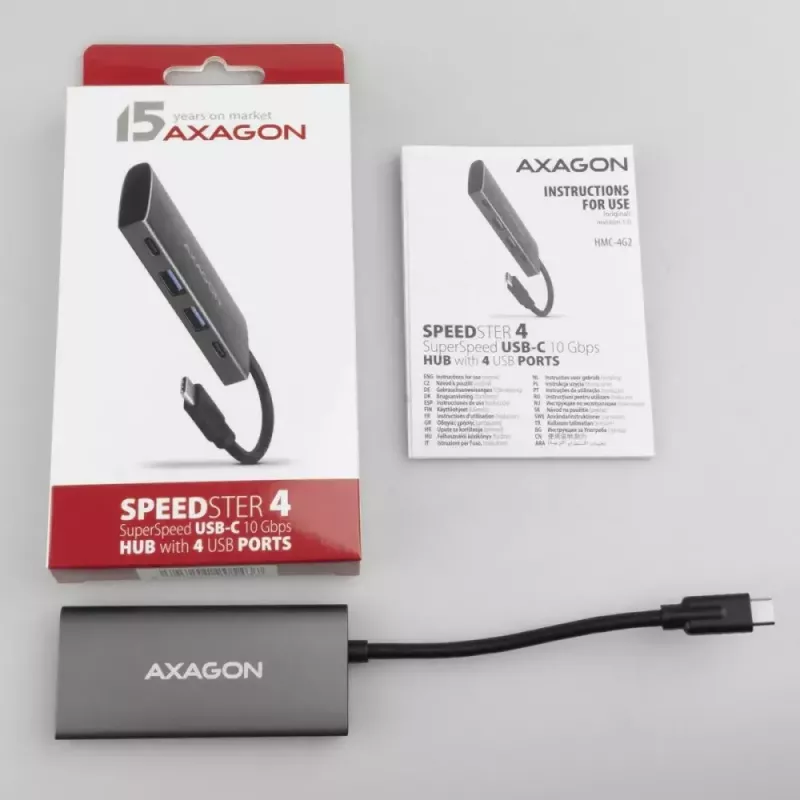 AXAGON HMC-4G2, USB-C 3.2 Gen 2 10 Gb/s jaotur, pordid 2x USB-A + 2x USB-C, kaabel USB-C 13 cm