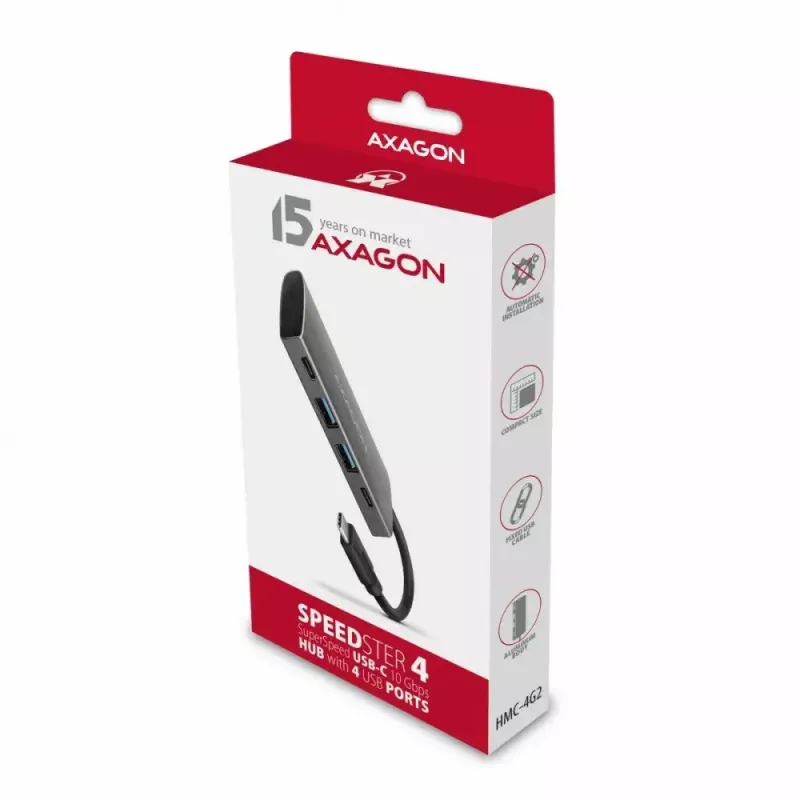 AXAGON HMC-4G2, USB-C 3.2 Gen 2 10 Gb/s jaotur, pordid 2x USB-A + 2x USB-C, kaabel USB-C 13 cm