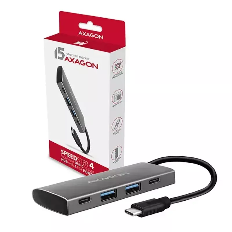 AXAGON HMC-4G2, USB-C 3.2 Gen 2 10 Gb/s jaotur, pordid 2x USB-A + 2x USB-C, kaabel USB-C 13 cm