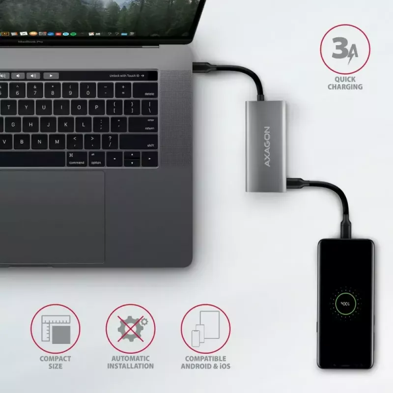 AXAGON HMC-4G2, USB-C 3.2 Gen 2 10 Gb/s jaotur, pordid 2x USB-A + 2x USB-C, kaabel USB-C 13 cm