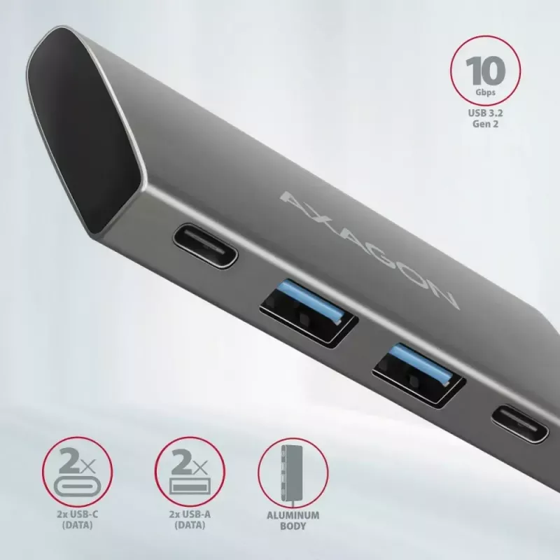 AXAGON HMC-4G2, USB-C 3.2 Gen 2 10 Gb/s jaotur, pordid 2x USB-A + 2x USB-C, kaabel USB-C 13 cm