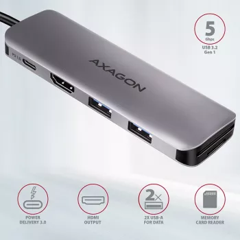 Axagon HMC-5 USB 3.2 Gen 1 jaotur, 2x USB-A, HDMI, SD/microSD, PD 100W, 20 cm USB-C kaabel