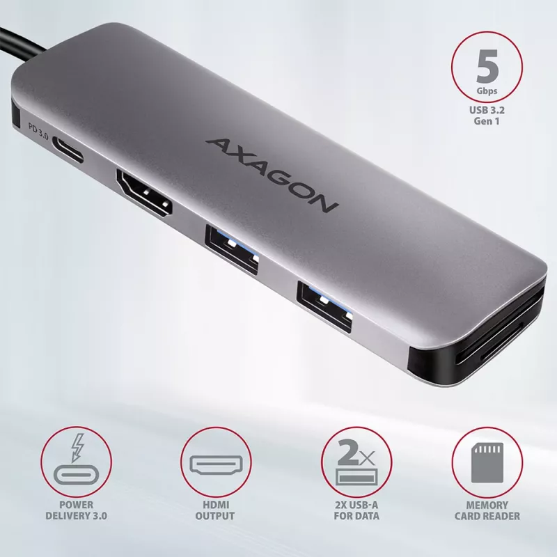 Axagon HMC-5 USB 3.2 Gen 1 jaotur, 2x USB-A, HDMI, SD/microSD, PD 100W, 20 cm USB-C kaabel