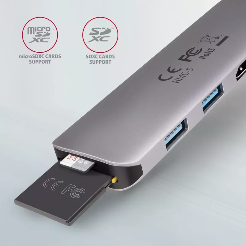 Axagon HMC-5 USB 3.2 Gen 1 jaotur, 2x USB-A, HDMI, SD/microSD, PD 100W, 20 cm USB-C kaabel