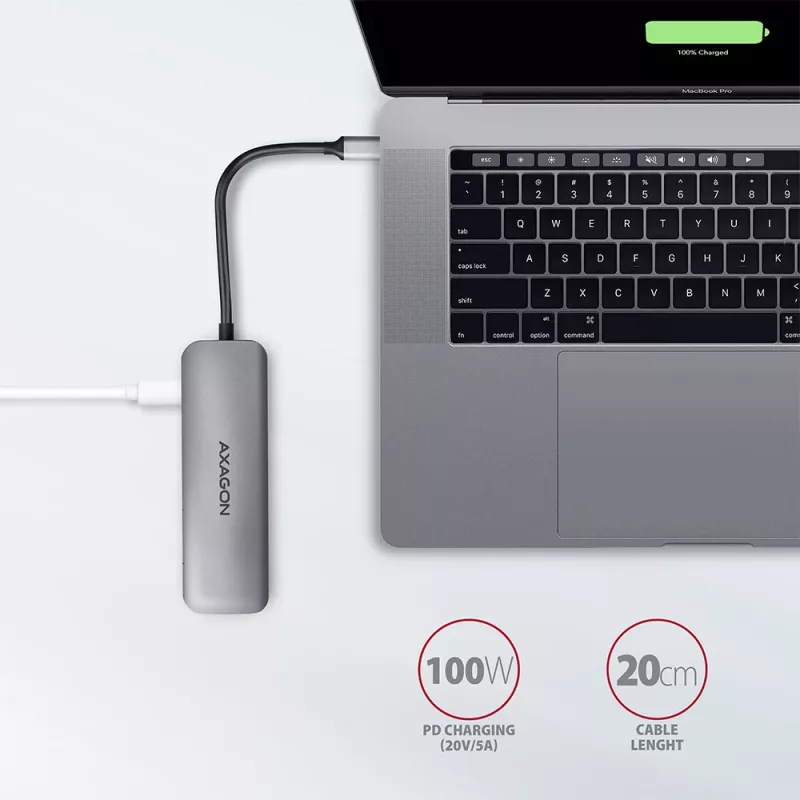 Axagon HMC-5 USB 3.2 Gen 1 jaotur, 2x USB-A, HDMI, SD/microSD, PD 100W, 20 cm USB-C kaabel