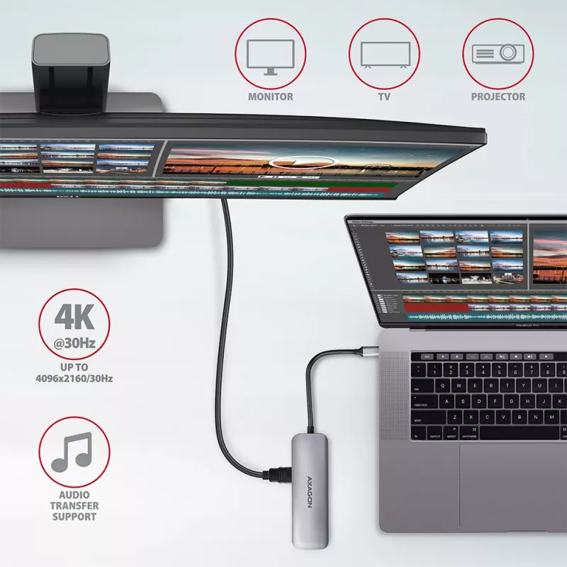 Axagon HMC-5 USB 3.2 Gen 1 jaotur, 2x USB-A, HDMI, SD/microSD, PD 100W, 20 cm USB-C kaabel