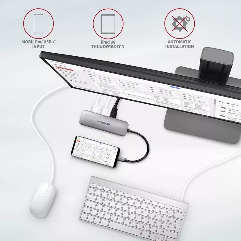 Axagon HMC-5 USB 3.2 Gen 1 jaotur, 2x USB-A, HDMI, SD/microSD, PD 100W, 20 cm USB-C kaabel