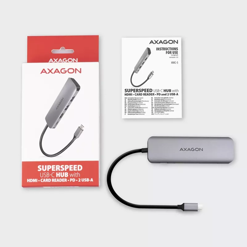 Axagon HMC-5 USB 3.2 Gen 1 jaotur, 2x USB-A, HDMI, SD/microSD, PD 100W, 20 cm USB-C kaabel