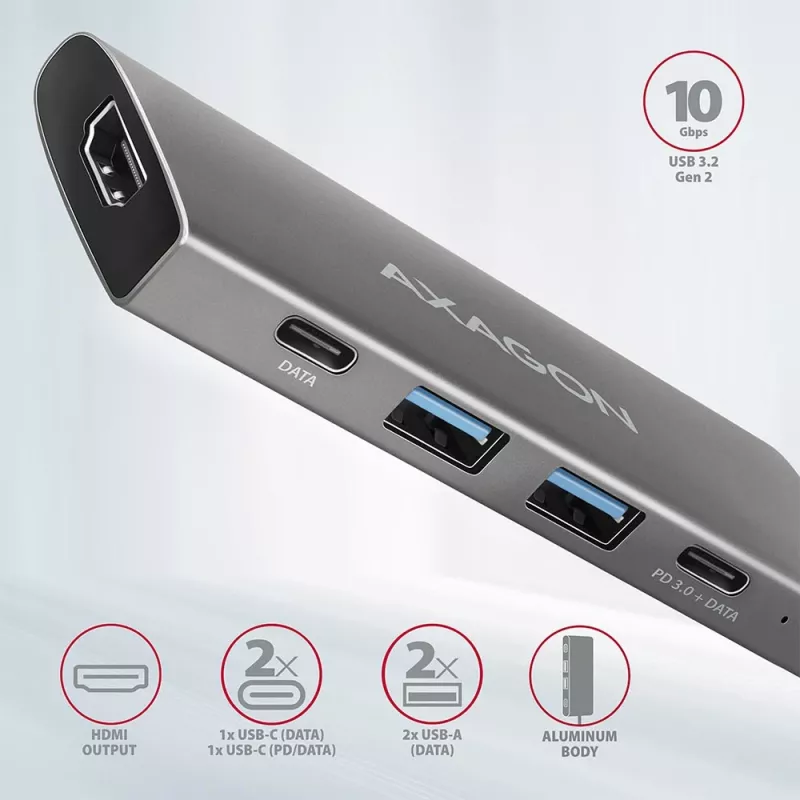 Axagon HMC-5G2 SPEEDSTER 5-ühes USB-C jaotur, 2x USB-A, 2x USB-C, HDMI, PD 60 W