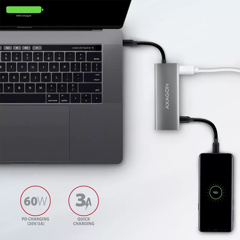 Axagon HMC-5G2 SPEEDSTER 5-ühes USB-C jaotur, 2x USB-A, 2x USB-C, HDMI, PD 60 W