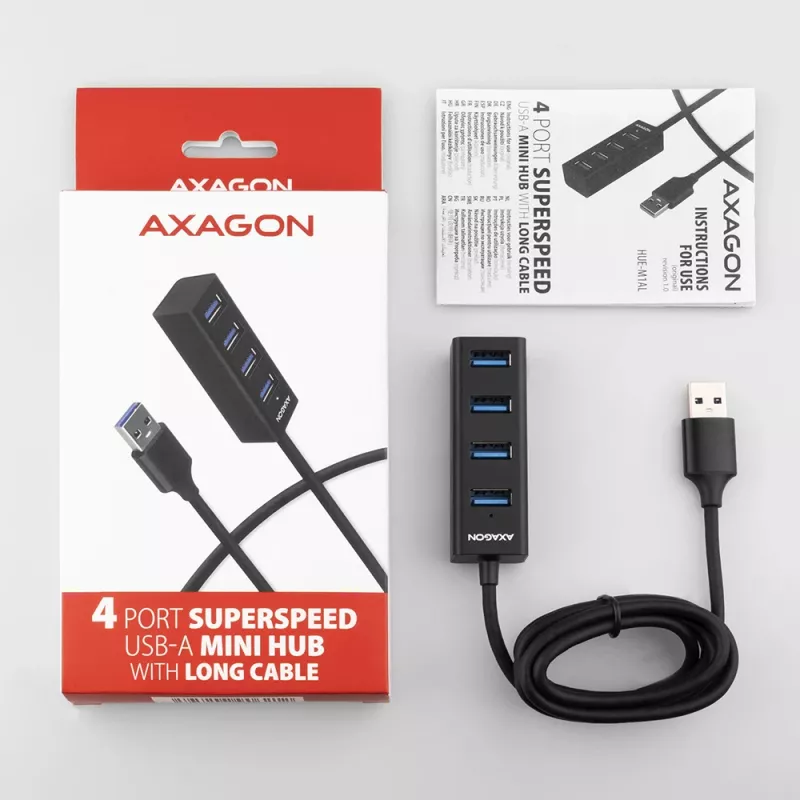 Axagon HUE-M1AL 4x USB 3.2 Gen 1 MINI jaotur, metall, 1,2 m USB-A kaabel