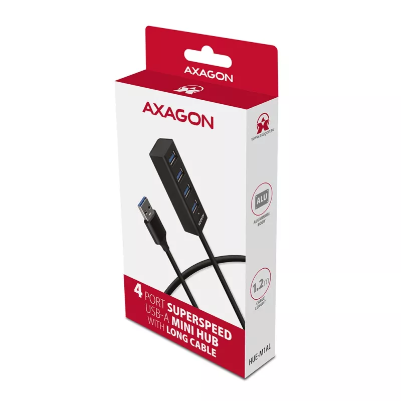 Axagon HUE-M1AL 4x USB 3.2 Gen 1 MINI jaotur, metall, 1,2 m USB-A kaabel