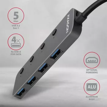 Axagon HUE-MSA Superspeed USB-A lülitushub 4x USB 3.0 aktiivne - 20 cm must USB 3.2 Gen 1 (3.1 Gen 1) Type-A 5000 Mbit/s hall