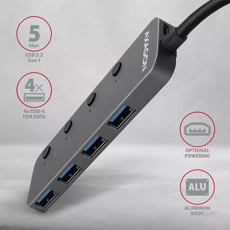 Axagon HUE-MSA Superspeed USB-A lülitushub 4x USB 3.0 aktiivne - 20 cm must USB 3.2 Gen 1 (3.1 Gen 1) Type-A 5000 Mbit/s hall