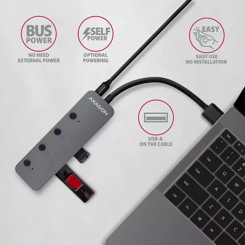 Axagon HUE-MSA Superspeed USB-A lülitushub 4x USB 3.0 aktiivne - 20 cm must USB 3.2 Gen 1 (3.1 Gen 1) Type-A 5000 Mbit/s hall