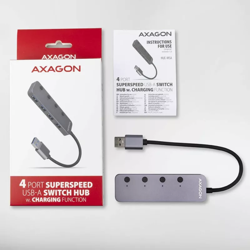 Axagon HUE-MSA Superspeed USB-A lülitushub 4x USB 3.0 aktiivne - 20 cm must USB 3.2 Gen 1 (3.1 Gen 1) Type-A 5000 Mbit/s hall
