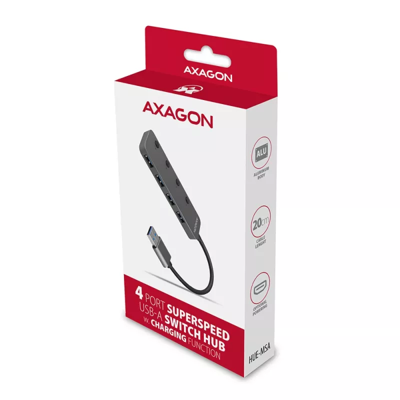 Axagon HUE-MSA Superspeed USB-A lülitushub 4x USB 3.0 aktiivne - 20 cm must USB 3.2 Gen 1 (3.1 Gen 1) Type-A 5000 Mbit/s hall
