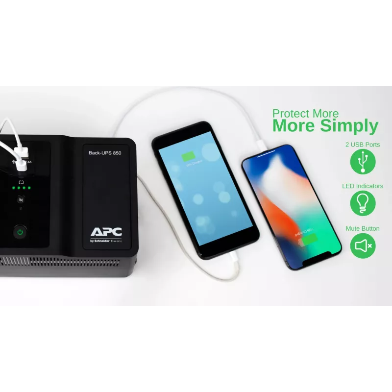 APC Back-UPS BE850G2-GR - Avariitoiteallikas 8 pistikupesa, 850VA, 2 USB laadijat, 1 USB andmepesa