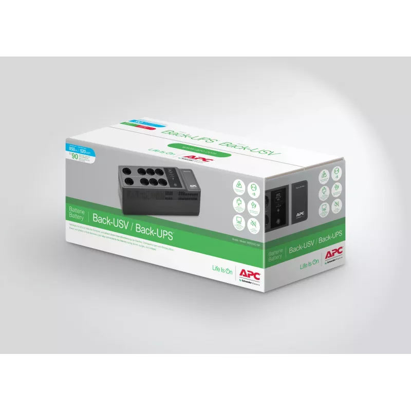 APC Back-UPS BE850G2-GR - Avariitoiteallikas 8 pistikupesa, 850VA, 2 USB laadijat, 1 USB andmepesa