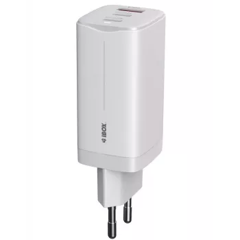 IBOX mobiilseadme laadija ILUC65W, 65W, 2× USB-C + 1× USB-A, valge, 1,5 m kaabel