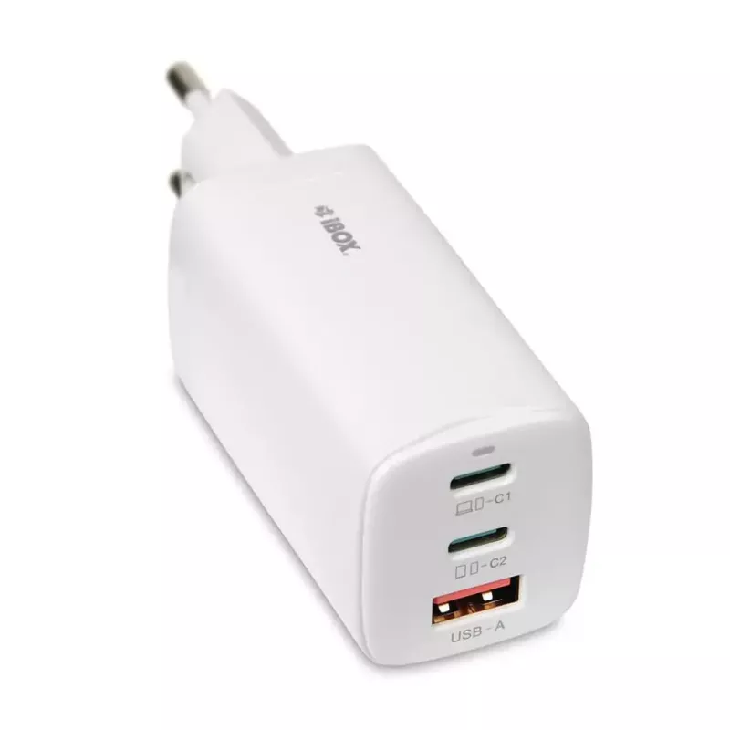 IBOX mobiilseadme laadija ILUC65W, 65W, 2× USB-C + 1× USB-A, valge, 1,5 m kaabel