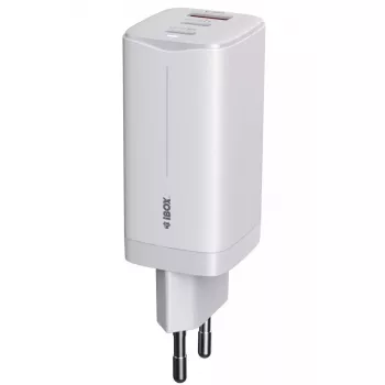 IBOX mobiilseadme laadija ILUC65W, 65W, 2× USB-C + 1× USB-A, valge, 1,5 m kaabel