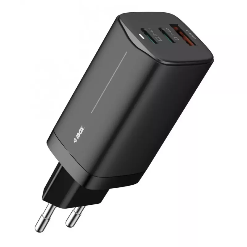 Vahelduvvoolu mobiilseadmete laadija IBOX ILUC65B — 65 W, 3x USB (2x USB‑A Gen1, 1x USB‑C), must, 100–240 V