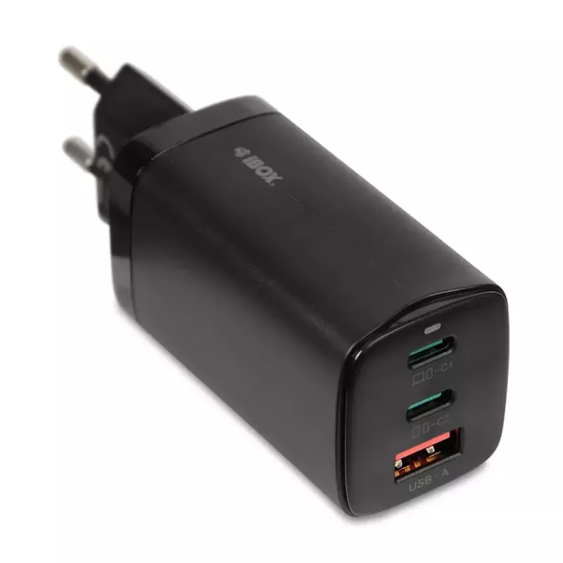 Vahelduvvoolu mobiilseadmete laadija IBOX ILUC65B — 65 W, 3x USB (2x USB‑A Gen1, 1x USB‑C), must, 100–240 V