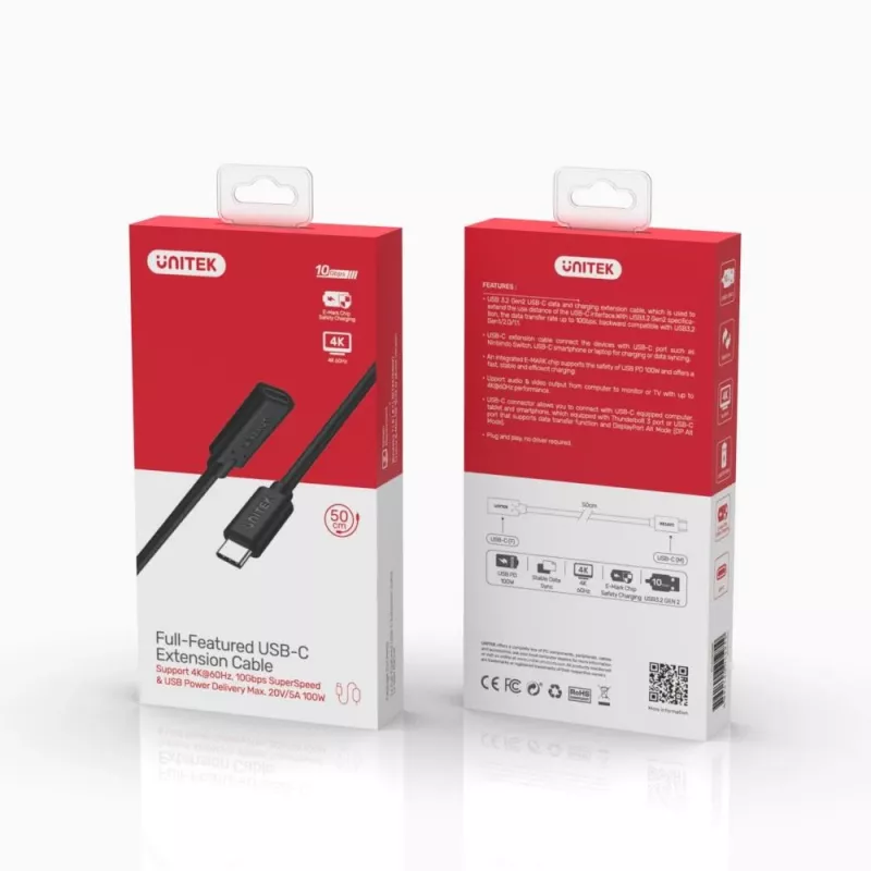 UNITEK USB C kaabel - USB 3.2 Gen 2 (3.1 Gen 2) - 0,5 m Must