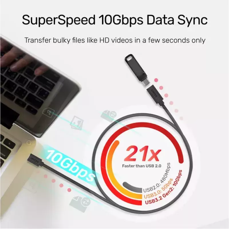 USB-C–USB-C kaabel Unitek C14086BK-1.5M — USB 3.2 Gen 2, 10 Gbit/s, 5 m, must
