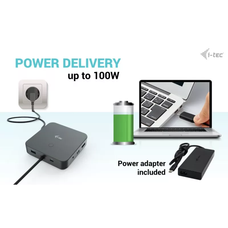 i-tec USB-C HDMI Dual DP dokkimisjaam koos Power Delivery 100 W ja universaalse laadijaga 100 W