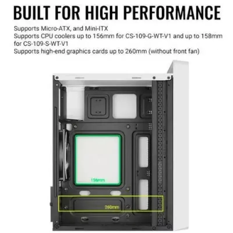 PC korpus AEROCOOL PGS CS-109-G-WT-v1 Mini Torn valge SPCC — microATX, kuni 26 cm GPU, FRGB, võrkfront