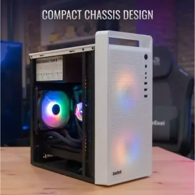 PC korpus AEROCOOL PGS CS-109-G-WT-v1 Mini Torn valge SPCC — microATX, kuni 26 cm GPU, FRGB, võrkfront
