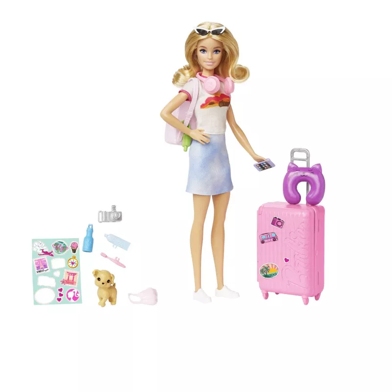 Barbie Dreamhouse Adventures nukk ja tarvikud, „Malibu“ reisikomplekt kutsika ja enam kui 10 osaga, sealhulgas töötav kohver