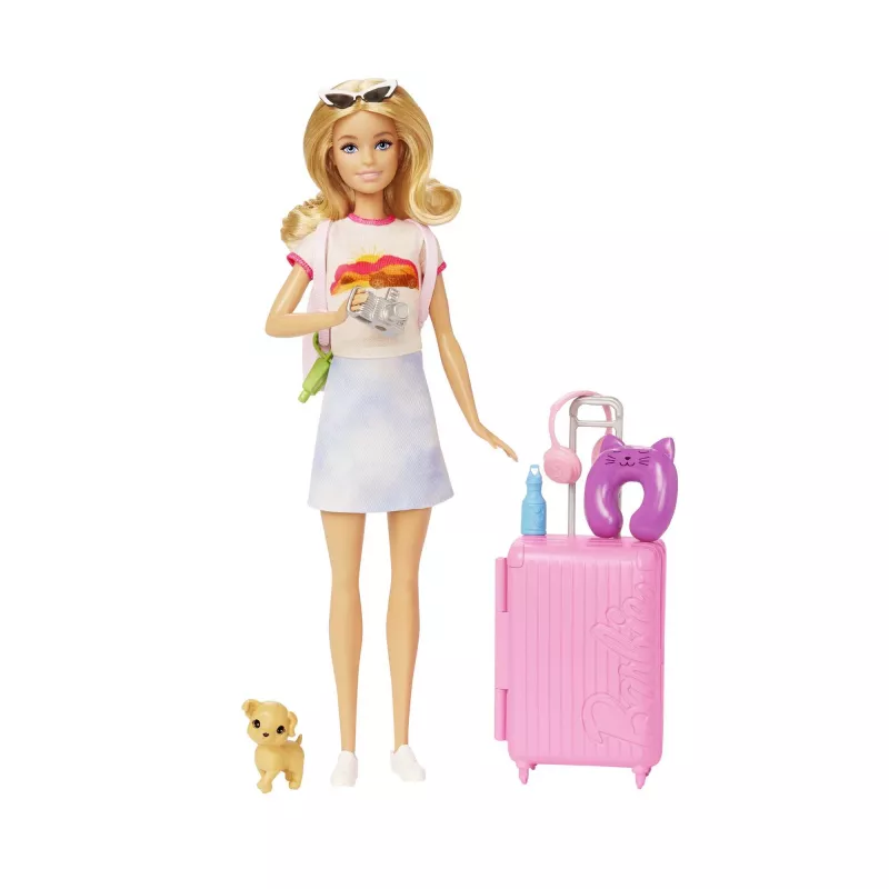 Barbie Dreamhouse Adventures nukk ja tarvikud, „Malibu“ reisikomplekt kutsika ja enam kui 10 osaga, sealhulgas töötav kohver
